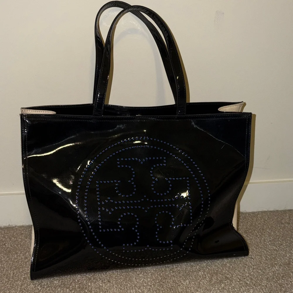 Tory Burch black and blue large patent leather Tote Bag